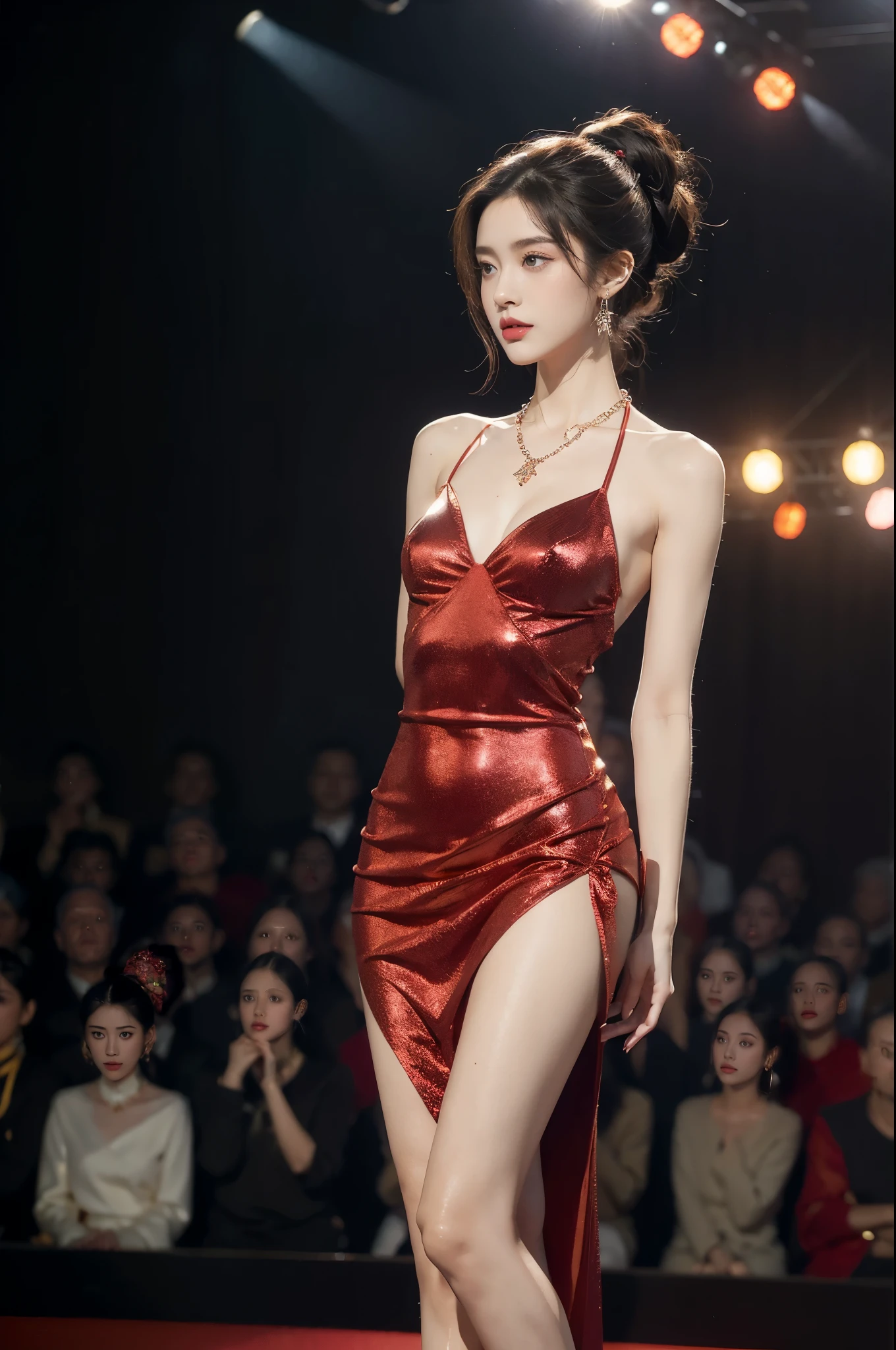 (((best quality))),(((ultra detailed))),(((masterpiece))),illustration, 1girl,singer,solo,short ponytail,slim,thin,flat chest,small breasts,earrings,necklace,Maxi gorgeous sparkled red dress,slender legs,high heels,on the stage, performance, passion, confidence, elegance, lighting effects, decorations, audience, melodious voice, beautiful appearance, captivating performance,((standing,full body,from front,arms behind back))