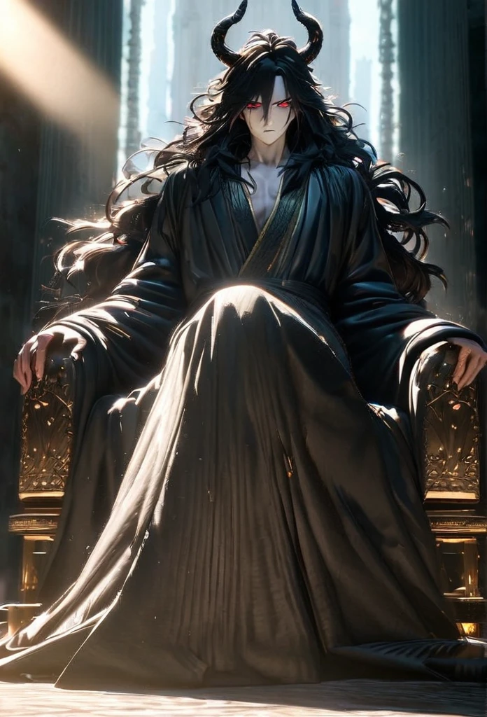 (solo), masculine, black hair, messy hair, mane hair, long hair, dense hair, wild hair, expressive hair, mature,(25 year old), pale skin, red eyes, ((man)), wearing a black robe, black demon horns,, serious, handsome, attractive, eye reflection, depth of field, thunder aura,cinematic lighting, ray tracing, depth of field, cinematic lighting, ray tracing, UHD, high details, best quality, highres, high quality, award winning, super detail, masterpiece, 8k, UHD, high details, best quality, highres, high quality, award winning, super detail, masterpiece, 8k, digital art, anime coloring, full body, body shot, good face, perfect face, detailed face, good eyes, sitting on a throne