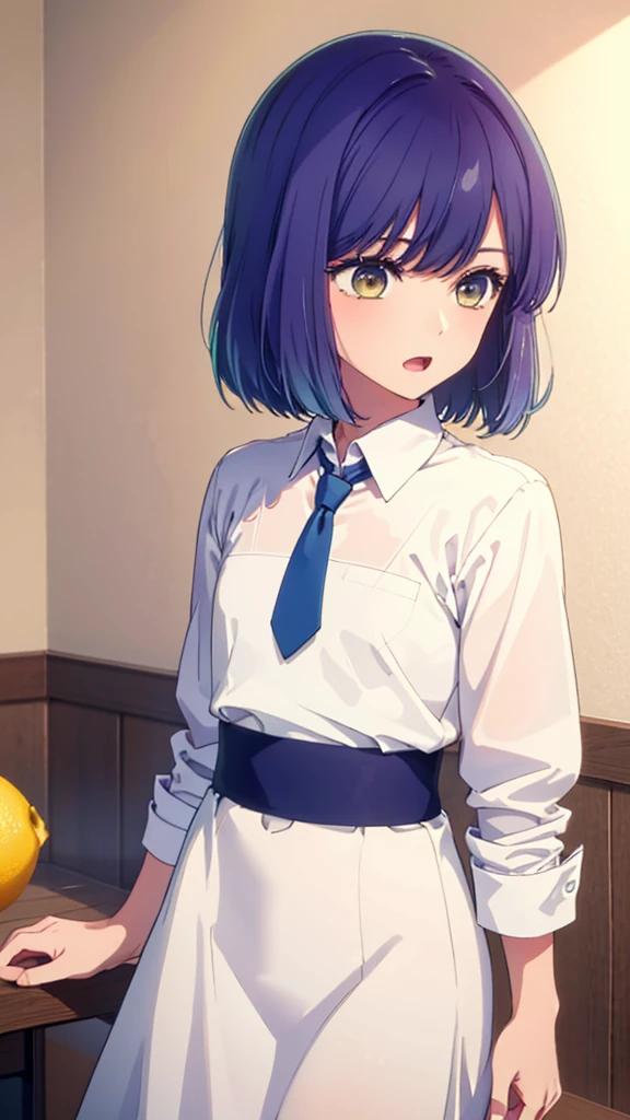(highest quality:1.2), Very detailed, digital coloring, High Contrast, (masterpiece:1.2), highest quality, Best aesthetics, simple background,(looking away:1.4),beautiful lighting, one femboy, flat chest, cold stare, lemon yellow eyes, Meticulous Eyelash Details, detailed face, (hot gaze, Hot, Glossy, Open Mouth, Leaking sigh), white shirt, blue tie, ((anime style, 2D)), purple hair, Bob cut,