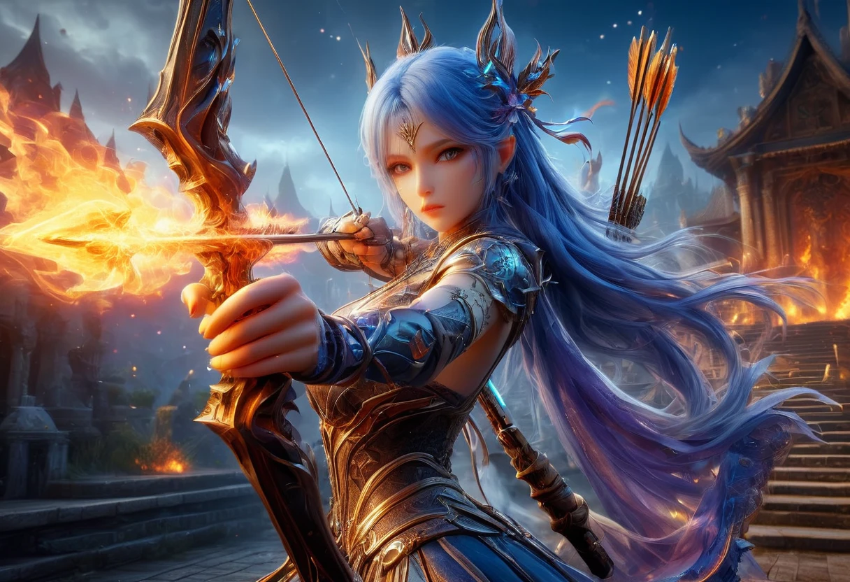 a picture of fire sorceress firing a flaming arrow from a magnificent epic bow, an elite glamour beautiful  fire sorceress, blue hair, long hair, wavy hair, wearing wild glamour dress, intricate dress, purple dress , with fire patterns on it, aiming an epic bow with a flaming arrow,  dynamic bow, sting drawn to the cheek , arrow ready to be shot, dynamic bow, sting drawn to the cheek , arrow ready to be shot, it is night, moon light, starry night, cloudy night,  high details, best quality, 16k, [ultra detailed], masterpiece, best quality, (extremely detailed), dynamic angle, full body shot, fantasy urban street at night bacground, Aiming a Bow, bow (weapon), Aiming a Bow ,faize, ral-lava