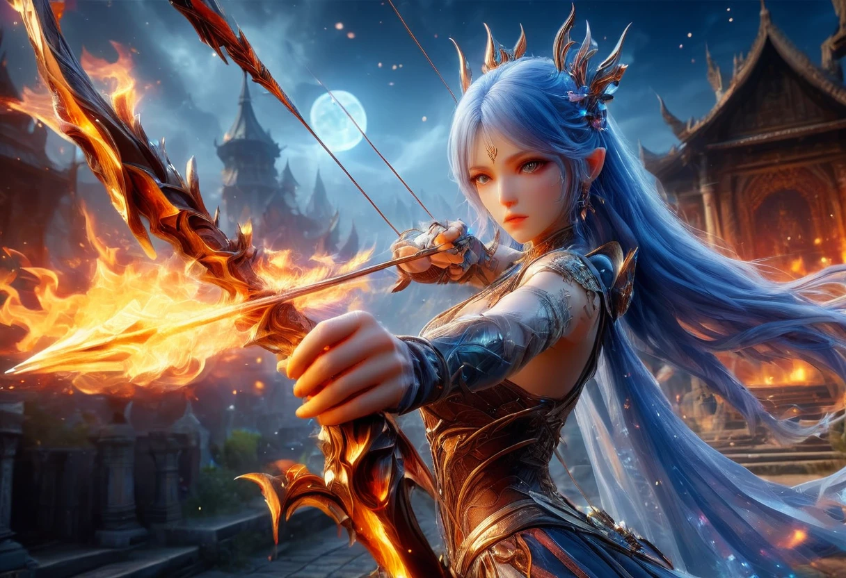 a picture of fire sorceress firing a flaming arrow from a magnificent epic bow, an elite glamour beautiful  fire sorceress, blue hair, long hair, wavy hair, wearing wild glamour dress, intricate dress, purple dress , with fire patterns on it, aiming an epic bow with a flaming arrow,  dynamic bow, sting drawn to the cheek , arrow ready to be shot, dynamic bow, sting drawn to the cheek , arrow ready to be shot, it is night, moon light, starry night, cloudy night,  high details, best quality, 16k, [ultra detailed], masterpiece, best quality, (extremely detailed), dynamic angle, full body shot, fantasy urban street at night bacground, Aiming a Bow, bow (weapon), Aiming a Bow ,faize, ral-lava