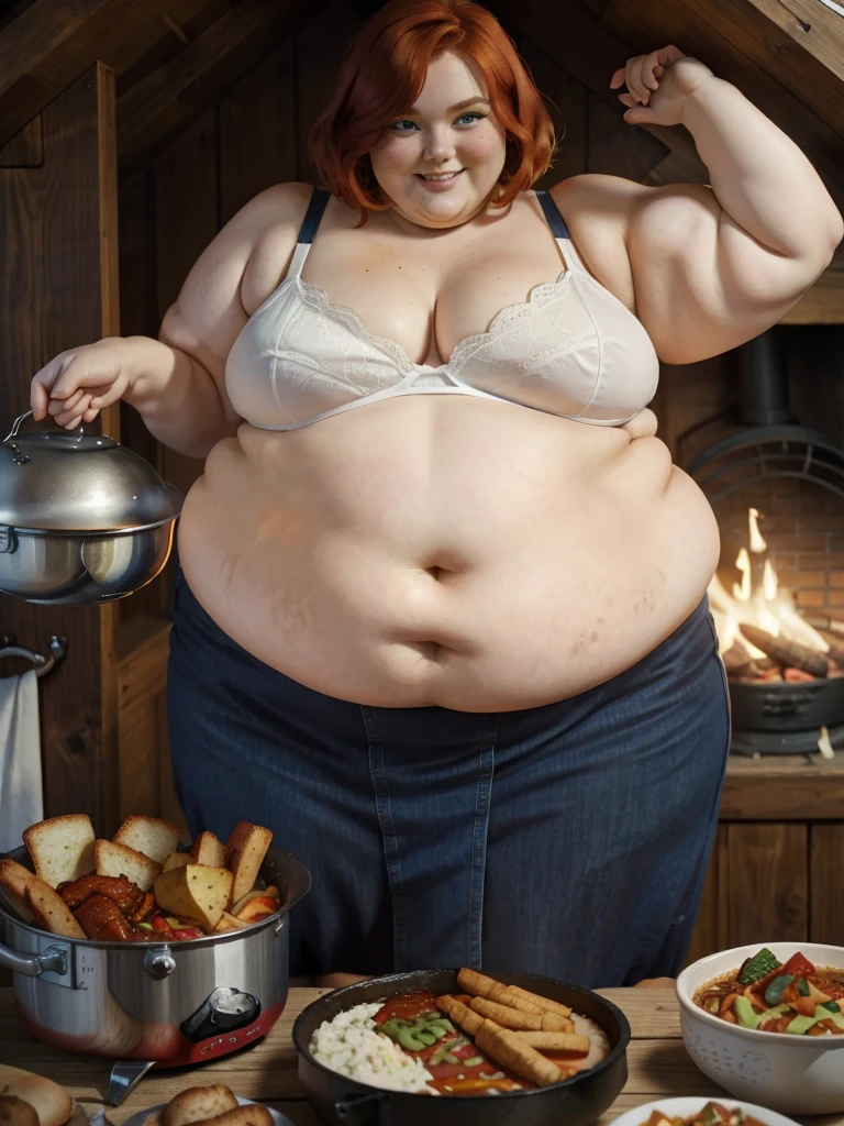 A happy photo of a young beautiful redhead wife bbw with short ginger hair soft fat belly, wide fat obese hips, thick fat legs and fat arms, cute pretty face, blue eyes, freckles, in sime white underwear , cooking goulash in a cauldron with a fire place below it in the garden there is a table with a lot of delicious foods meats and bread on it, at sunset
