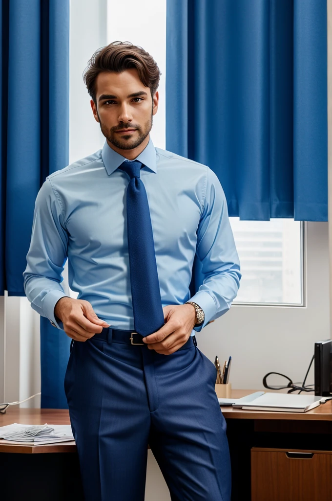 Man wore a office suit having blue curtains in background