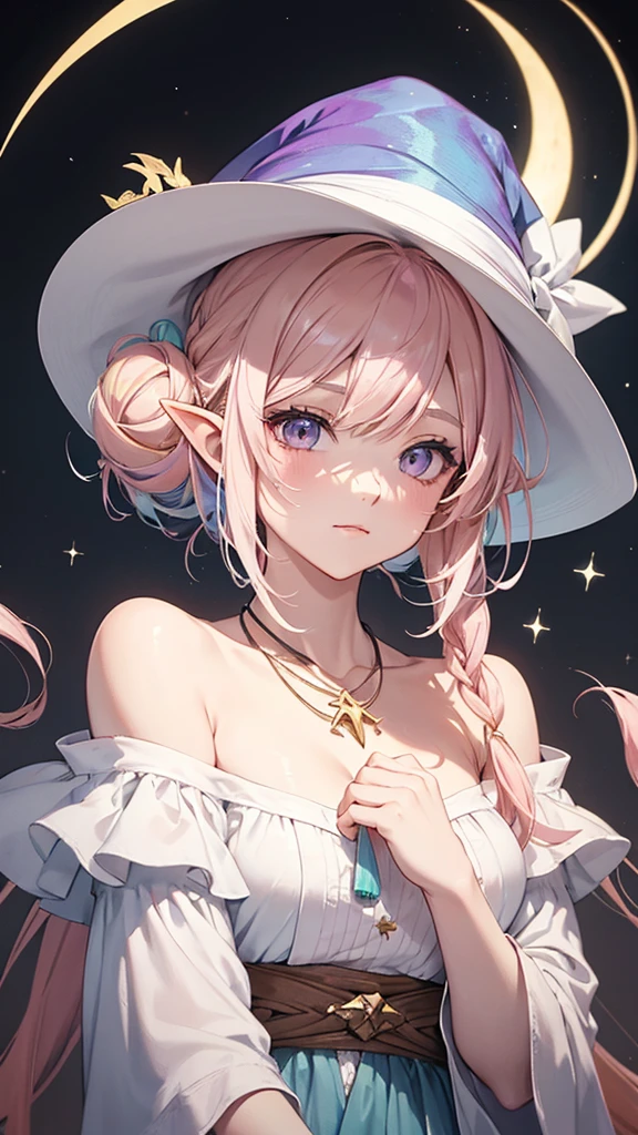 a portrait of a rainbow pastel colored witch looks like Zelda, with painted face in golden brown with white outline, straight pastel pink hair with two light pastel pink hair buns peeking through the brim of an oversized light blue/grayish floppy witch hat adorned with a crescent moon charm, wearing an off-the-shoulder white blouse made of a delicate airy fabric and a simple necklace with a bow, style of goblincore, monumental ink paintings, i can't believe how beautiful this is, black and white ink drawings, urban scenes, mixed media marvel, canon 7