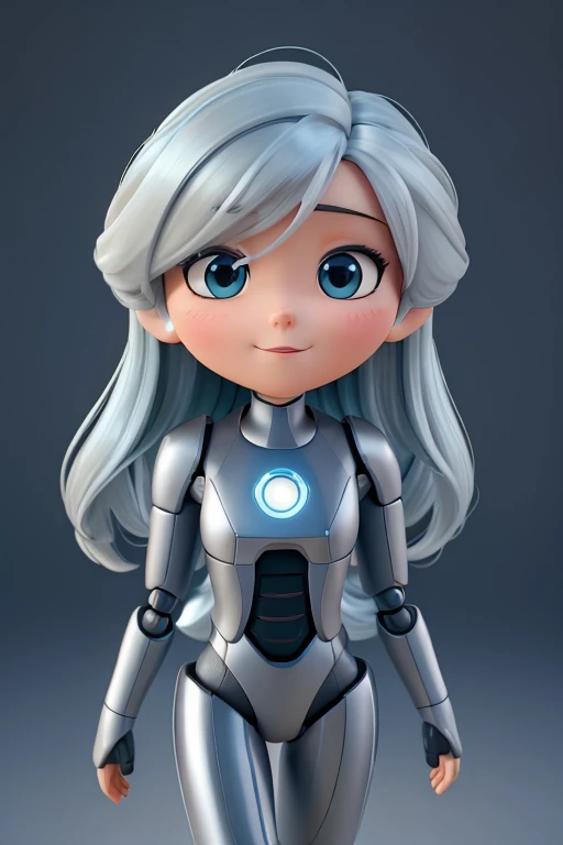 "Create a virtual assistant chatbot that represents the company, designed as a female robot with friendly and welcoming characteristics. She should have a modern, elegant design with a professional appearance, exuding warmth and approachability. Her facial expressions and body language should convey friendliness , reliability and professionalism. The robot must have slightly wavy, shoulder-length hair, with subtle highlights, and its design must balance a futuristic look with human qualities that make it appear identifiable and respectful when looking at the viewer