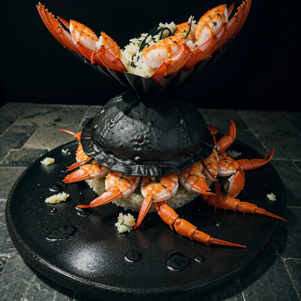 Crab carapace stuffed with squid ink rice and shrimp on top