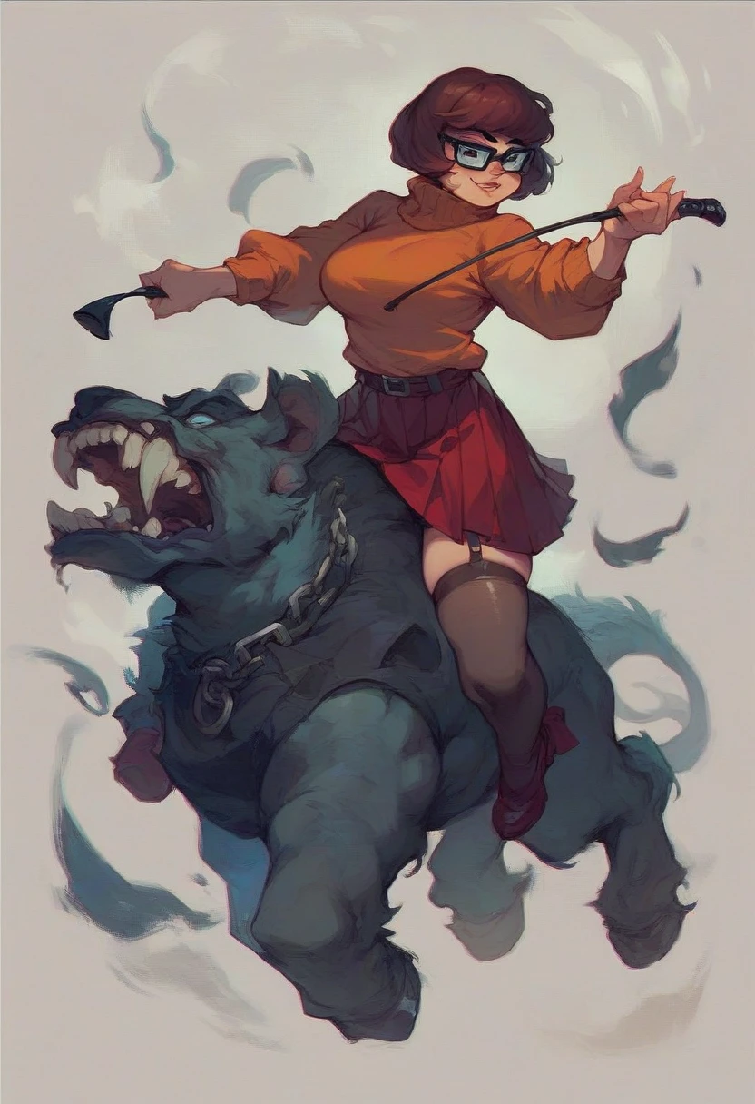 Velma dinkley as a dominatrix holding a riding crop