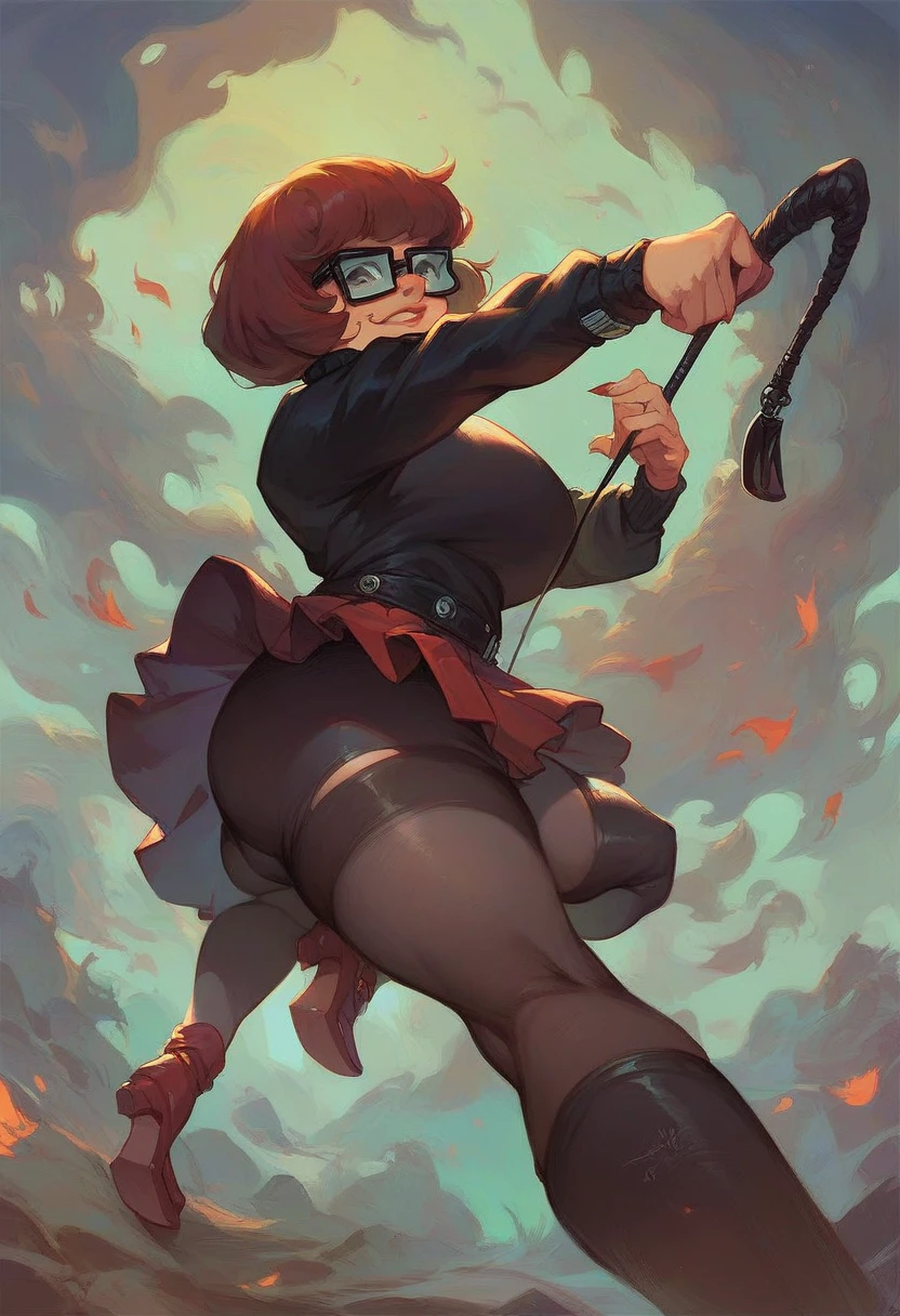 Velma dinkley as a dominatrix holding a riding crop