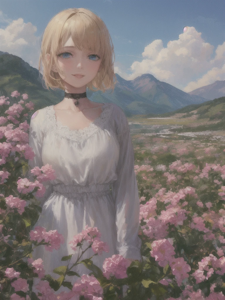 (realistic,painting_style,)mature, 1girl, solo, ,Full body shot, poster, amelia watson, virtual youtuber,blonde hair, blue eyes, choker, flower, short hair, realistic eyes, head tilt, smug, looking_at_viewer, sky, mountain, outdoors, cloud, bangs, upper body, pink flower, collarbone, sexy crop top, parted lips, lips, lace trim, smile, black choker, mountainous horizon, cloudy sky, standing, holding_flowers