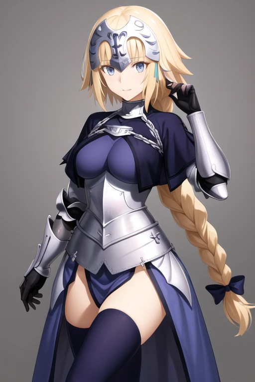 aajd, long hair, single braid, long braid, headpiece, blue capelet, blue shirt, armor, armored dress, blue dress, gauntlets, black thighhighs