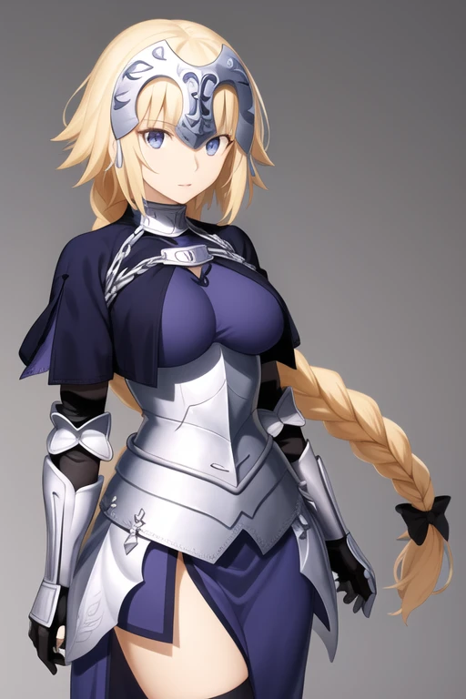 aajd, long hair, single braid, long braid, headpiece, blue capelet, blue shirt, armor, armored dress, blue dress, gauntlets, black thighhighs