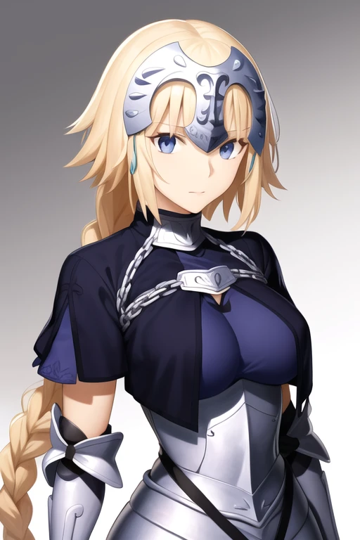 aajd, long hair, single braid, long braid, headpiece, blue capelet, blue shirt, armor, armored dress, blue dress, gauntlets, black thighhighs