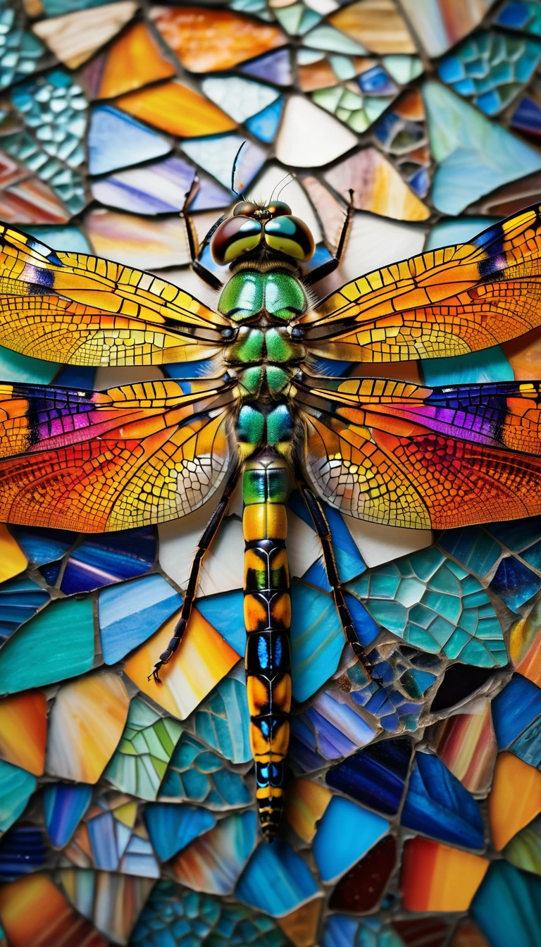A dragonfly emerging from its cocoon, its wings unfurling to reveal a stunning mosaic of colors and patterns, symbolizing transformation and growth.