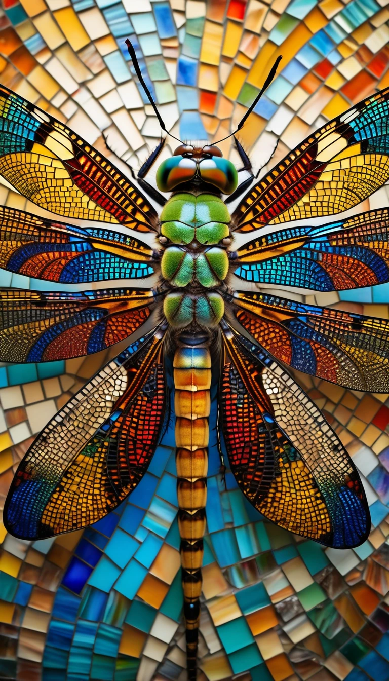 A dragonfly emerging from its cocoon, its wings unfurling to reveal a stunning mosaic of colors and patterns, symbolizing transformation and growth.