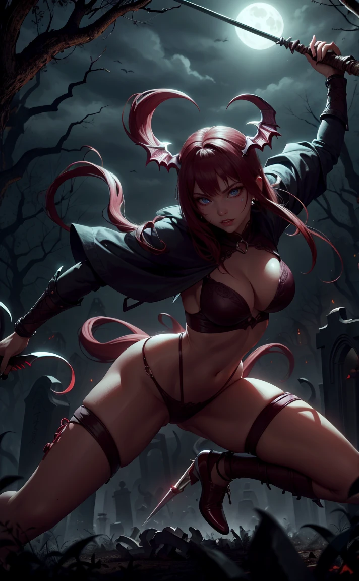 Sexy vampire girl in the dark cemetery, she is holding a spear, fully body, movement pose