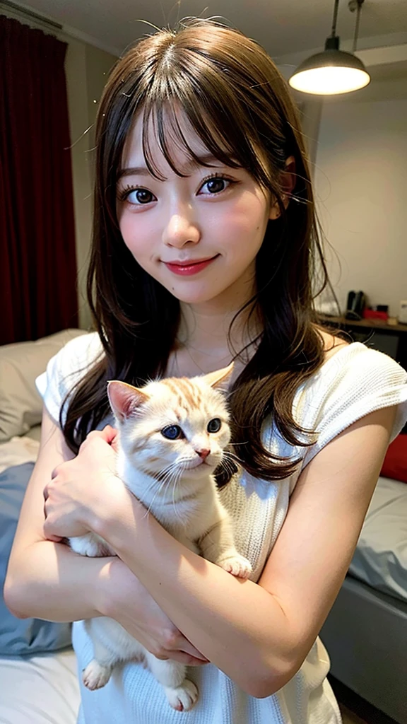 (8K, RAW Photos:1.2)Detailed face and eyes,最high quality, Ultra-high resolution, Very detailed ,Intricate details、Bedroom、Holding a kitten、pretty girl , Cinematic soft light, Hyper Detail,Sharp focus, high quality, Dripping,smile、
