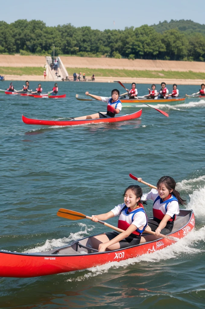 High school student canoe sprint competition Undershirt Two boats racing on the lake。Friends cheering from land。
