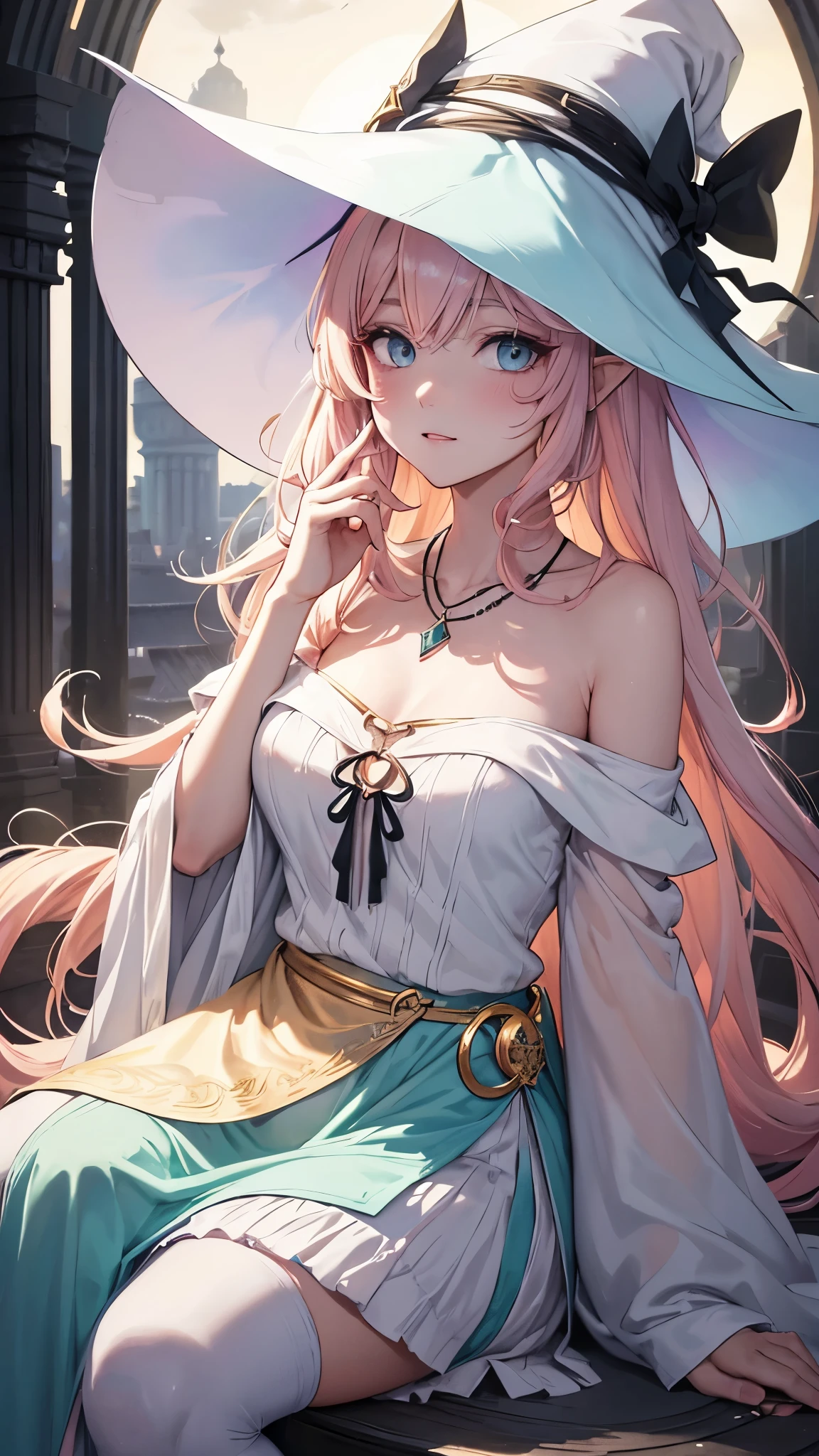a portrait of a rainbow pastel colored witch looks like Zelda, with painted face in golden brown with white outline, straight pastel pink hair with two light pastel pink hair buns peeking through the brim of an oversized light blue/grayish floppy witch hat adorned with a crescent moon charm, wearing an off-the-shoulder white blouse made of a delicate airy fabric and a simple necklace with a bow, style of goblincore, monumental ink paintings, i can't believe how beautiful this is, black and white ink drawings, urban scenes, mixed media marvel, canon 7