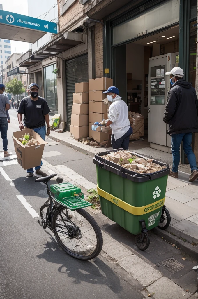 &imagine Selective collection of organic waste on the streets": An urban scene showing workers collecting organic waste separately for further treatment, encouraging environmental awareness and reducing the impact of waste on the environment.