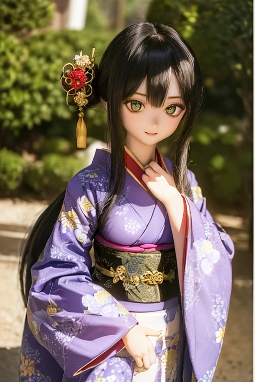 photorealistic, realistic photo, ((highest quality)), ((masterpiece)), detailed, kukolnydom, doll, (mature woman, 22yo, 22 years old:1.6), solo, ((full body, standing, hands on stomach, skinny, slender, slim, light smile)), green eyes, black hair, long hair, (looking at another, blank eyes, empty eyes, detailed eyes, detailed face:1.3), kimono, kanzashi, tabi, geta, Japanese garden, 8k