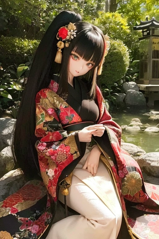 photorealistic, realistic photo, ((highest quality)), ((masterpiece)), detailed, kukolnydom, doll, (mature woman, 22yo, 22 years old:1.6), solo, ((full body, standing, hands on stomach, skinny, slender, slim, light smile)), green eyes, black hair, long hair, (looking at another, blank eyes, empty eyes, detailed eyes, detailed face:1.3), kimono, kanzashi, tabi, geta, Japanese garden, 8k