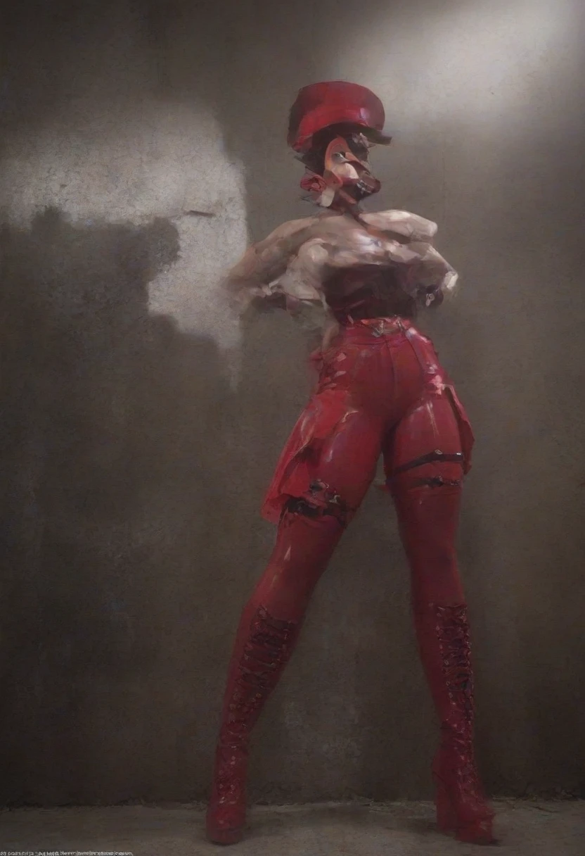 zPDXL, source_anime, caulifla, evil smile, evil, closed mouth, latex princess, stomach cutout, bare shoulders, thighhighs, standing, cowboy shot, evil visor, red visor, wire visor, 1girl, laboratory,