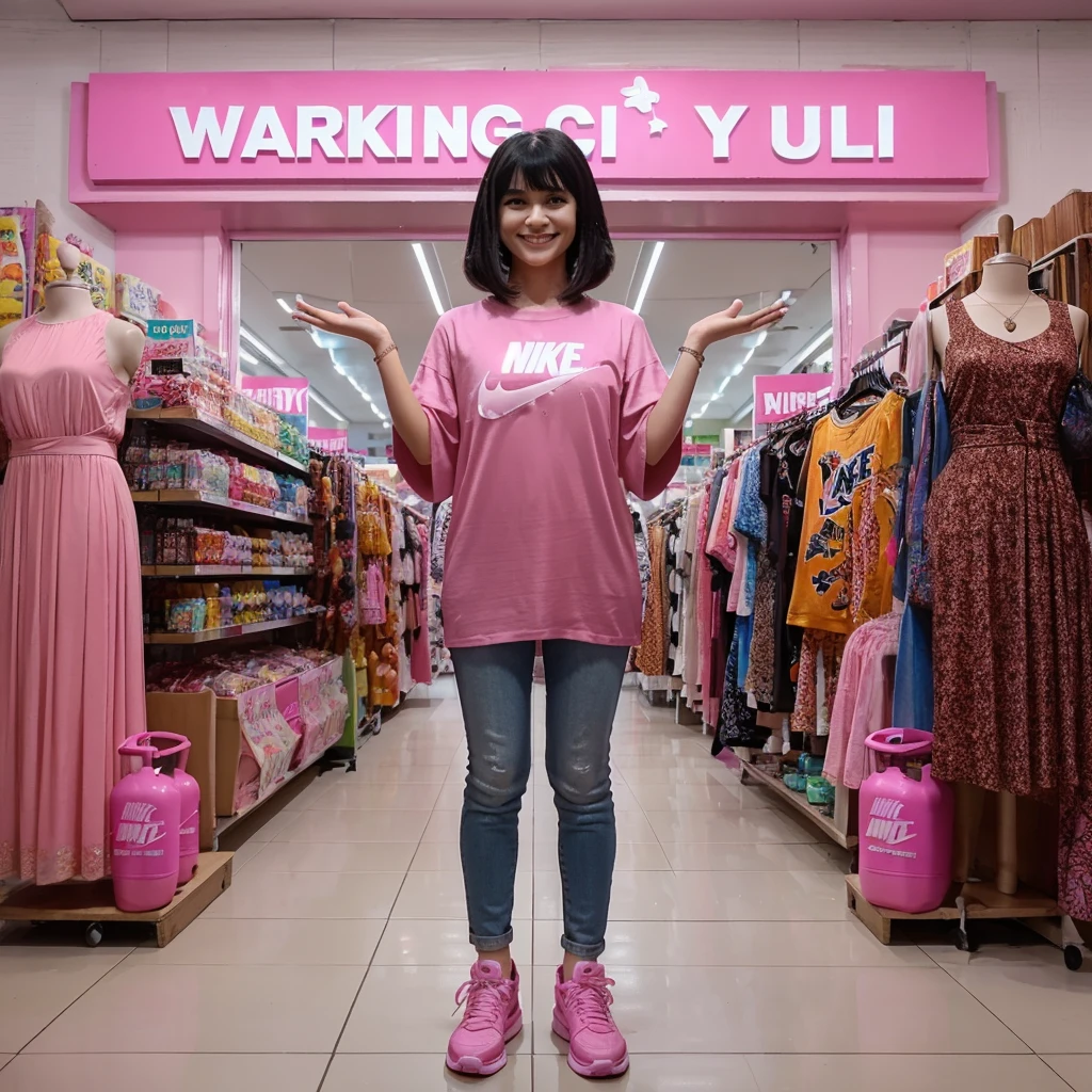 full bodyshoot realistic 3D caricature photo, a 30 year old woman, shoulder length black hair with bangs, smiling face, wearing a pink t-shirt with jeans, pink Nike basketball shoes, raising her hands in an unknowing pose, front background of a mini market with a sign that says "WARUNG CI YULI" in pink paint, with merchandise in the form of super hero costumes on display, batik clothes, dresses, and light snacks wrapped in plastic, and pink gas cylinders.