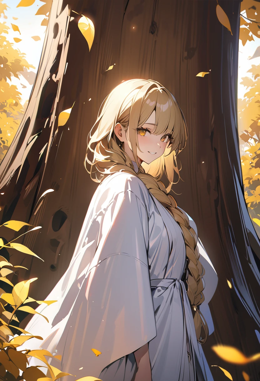 1boy, long overflowing blonde hair loosely braided, golden eyes, subtle holy glow, looking at viewer, smiling, white robes, girly boy, gigantic tree with golden leaves background, textured skin, award winning, high details, incredible high-key lighting and shadows, masterpiece, UHD, UHD, UHD, UHD