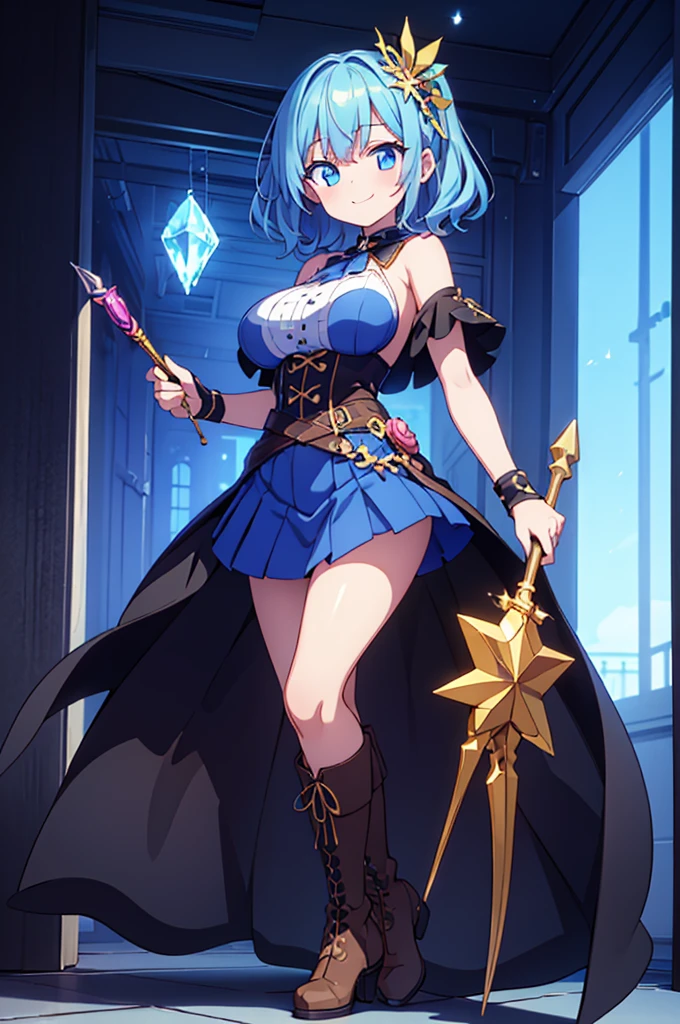 Fantasy,((Masterpiece)),((high resolution)),((Best Quality)),Anime illustration,((1girl)),(wavy hair),(short hair),(pale blue hair color),small ponytail,headband,Indigo eyes,(Big round eyes),((tareme)),((child)),12 years old,((baby face)),((very big breasts)),Short stature,Young,(loli),,ice wizard,sleeveless white blouse,Blue mini skirt,slit,Brown corset,brown capelet,smile,,Brown long boots,wizard's wand with blue gem,