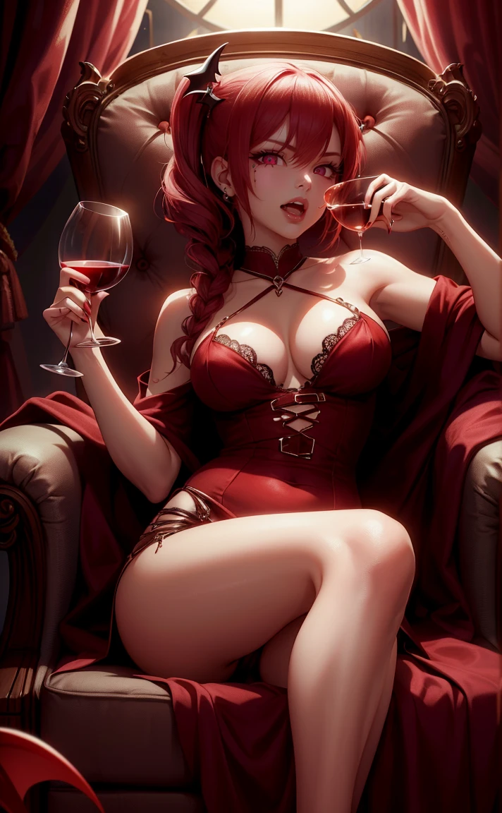 Sexy gothic aristocrat vampire girl, holding a glass of wine, vampire fangs