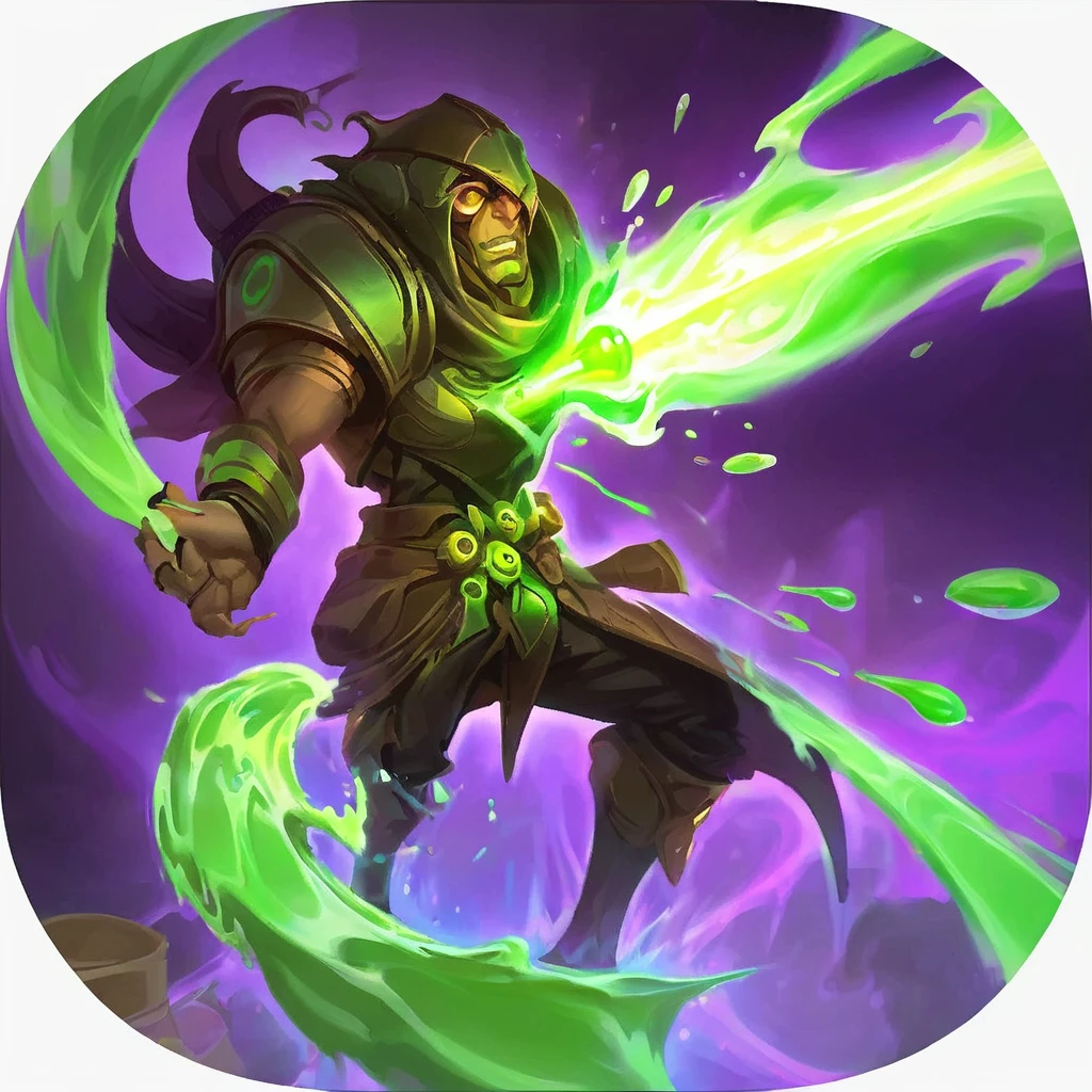 Show a profile view of the caster's face, focused on them spitting a green and purple acid goo at the target. The expression on the caster's face should convey concentration or determination, with the acid clearly visible in mid-air, dripping or splattering towards the intended target.