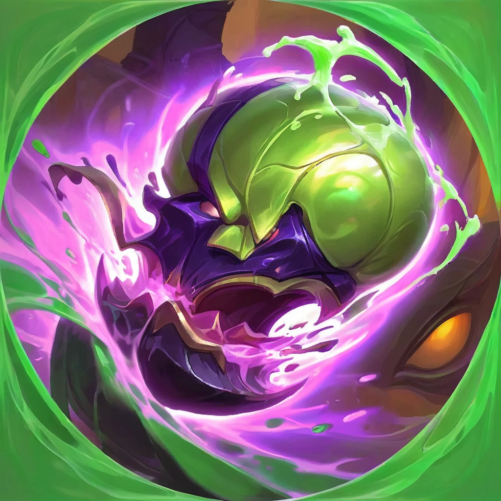 Show a profile view of the caster's face, focused on them spitting a green and purple acid goo at the target. The expression on the caster's face should convey concentration or determination, with the acid clearly visible in mid-air, dripping or splattering towards the intended target.