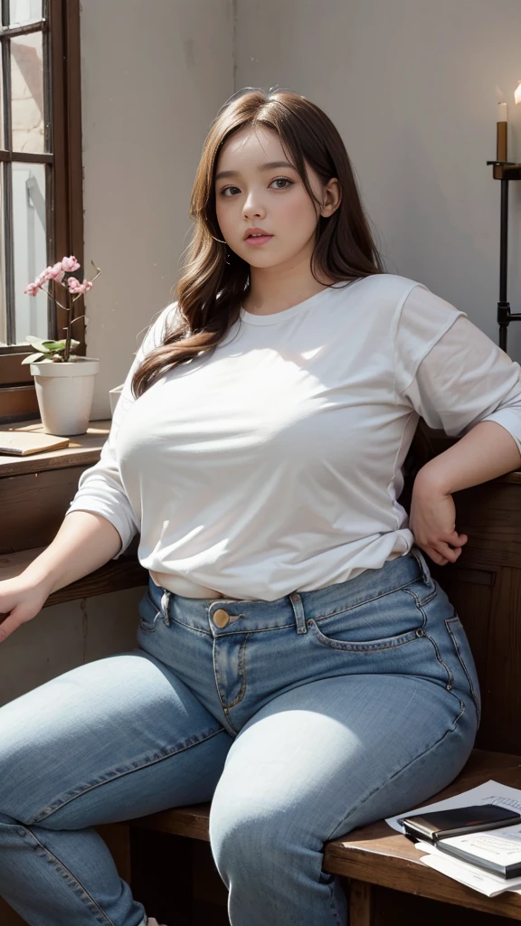 Femme très grosse, assise dans des coussins, Makima, bbwchan, cheveux rouges et yeux jaunes, double menton. Son gros bide sort de son pantalon, elle le carresse avec ses mains. Button pop. Ventre en boule sous le jean. Elle porte un short en jean trop petit et un haut en dentelle, belle lumière sur elle, magnifique femme obese