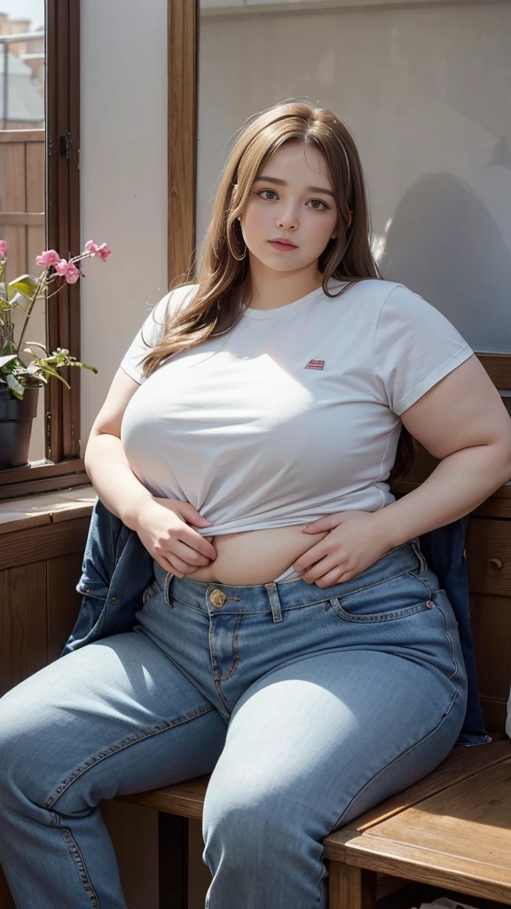 Femme très grosse, assise dans des coussins, Makima, bbwchan, cheveux rouges et yeux jaunes, double menton. Son gros bide sort de son pantalon, elle le carresse avec ses mains. Button pop. Ventre en boule sous le jean. Elle porte un short en jean trop petit et un haut en dentelle, belle lumière sur elle, magnifique femme obese 