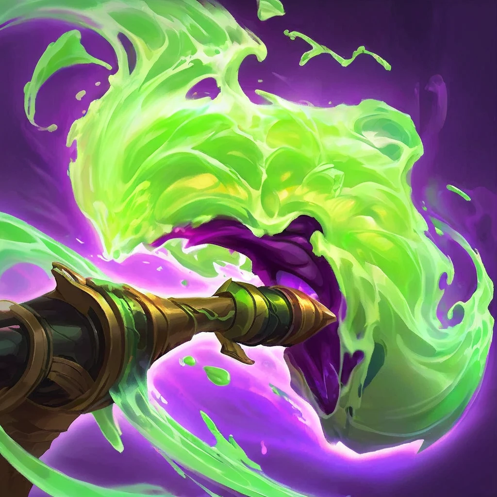 Show a profile view of the caster's face, focused on them spitting a green and purple acid goo at the target. The expression on the caster's face should convey concentration or determination, with the acid clearly visible in mid-air, dripping or splattering towards the intended target.
