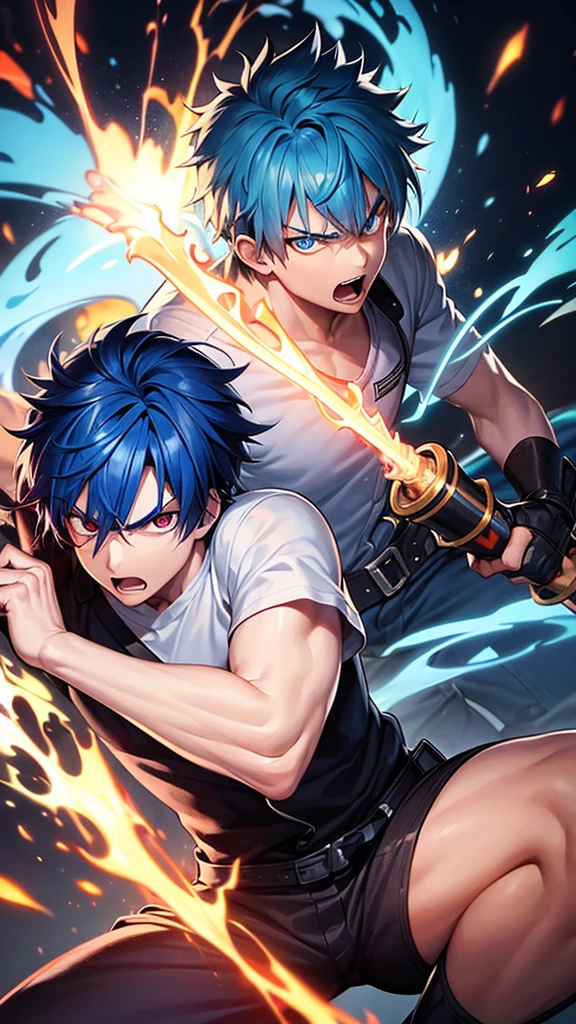 Boys with blue hair,swinging the fire sword,fire eye,angry face,fightning with demon