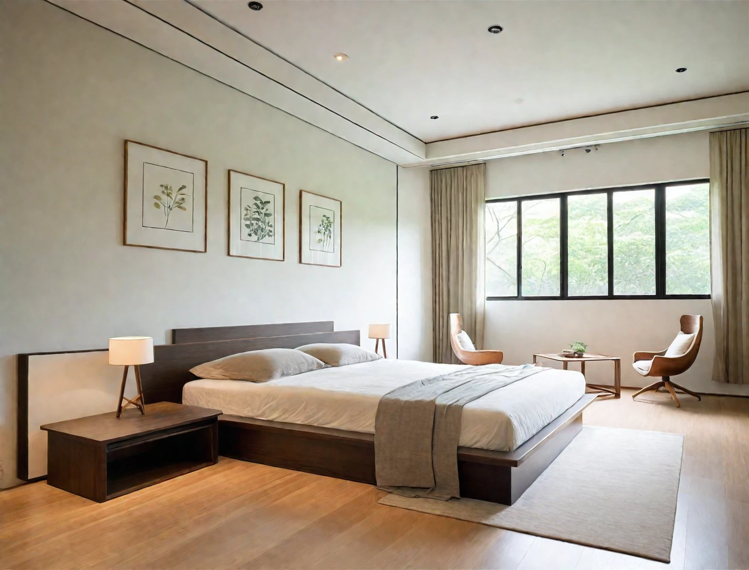 Modern Taiwanese bedroom, clean lines, minimalist, low-profile bed, wooden frame, neutral linens, built-in wardrobes, sliding doors, tea table, floor cushions, artistic decorations, greenery, large windows, sheer curtains, natural light, light wood flooring, cozy ambiance