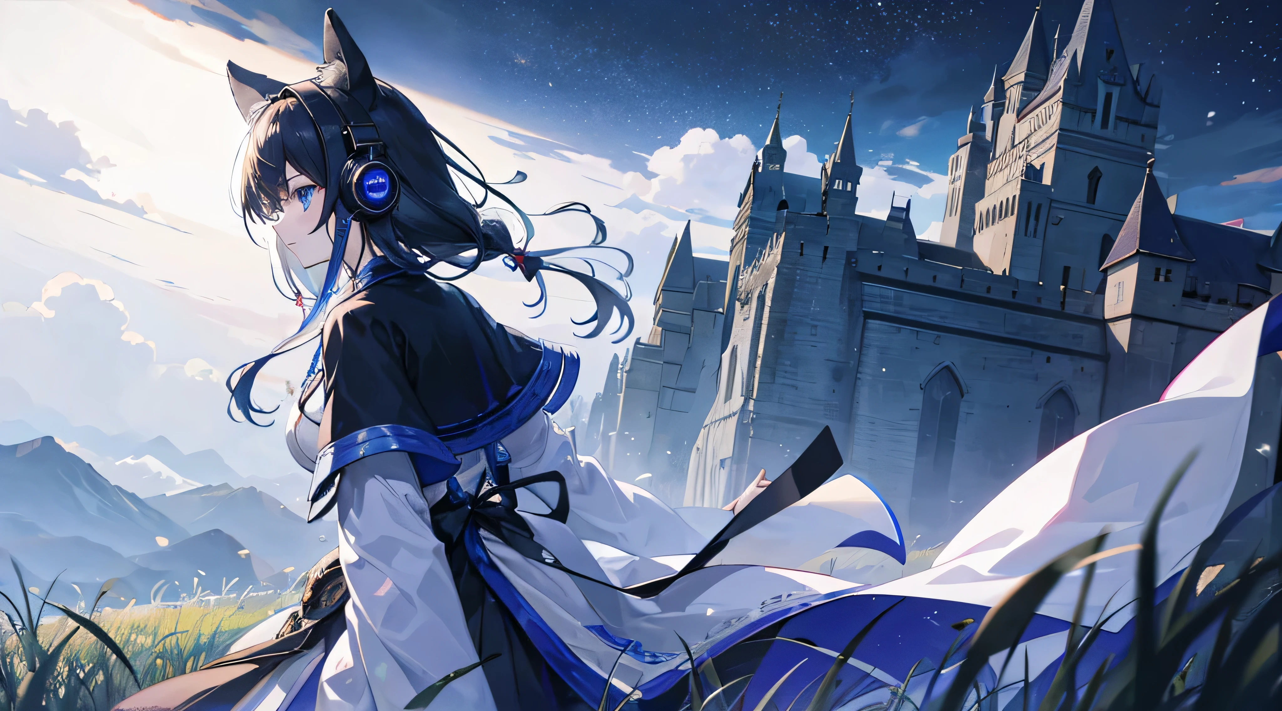 Midnight steppe、Headphones are placed、Beyond the grassland are the castle walls、darkness