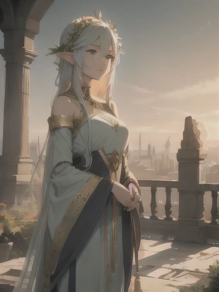 With an otherworldly cityscape as the backdrop、A composition featuring a beautiful elven woman。The elven woman is positioned on the right side of the image.、Emphasize that the main focus is on the beautiful scenery。The townscape features medieval buildings and cobblestone streets.、Lush green nature in harmony。Elven women have long silver hair、Wearing a light green robe、It exudes an elegant and mysterious atmosphere.。The background has a perfect atmosphere for Celtic music.、There are ancient stone monuments and arches、Warm, soft light shines in。The elven woman stood gazing into the distance.、Create a beautiful composition that harmonizes with the landscape。The color palette is natural green、Grey of old stone、And the soft sunset orange is the base color.。
