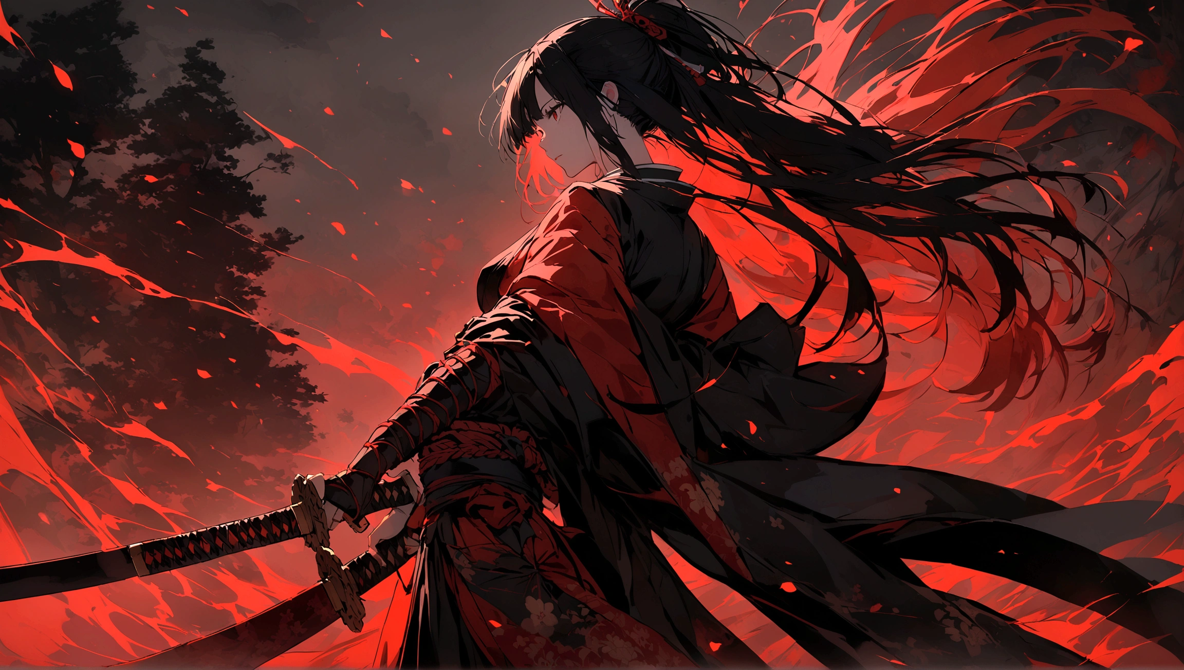 Japanese Samurai Girl, Has a beatiful sword. Wallpaper is black. Very good and handing her sword. Mostly Red and Black color theme.