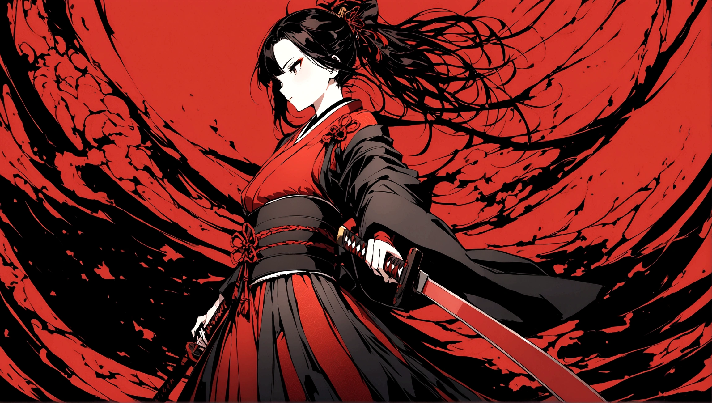 Japanese Samurai Girl, Has a beatiful sword. Wallpaper is black. Very good and handing her sword. Mostly Red and Black color theme.