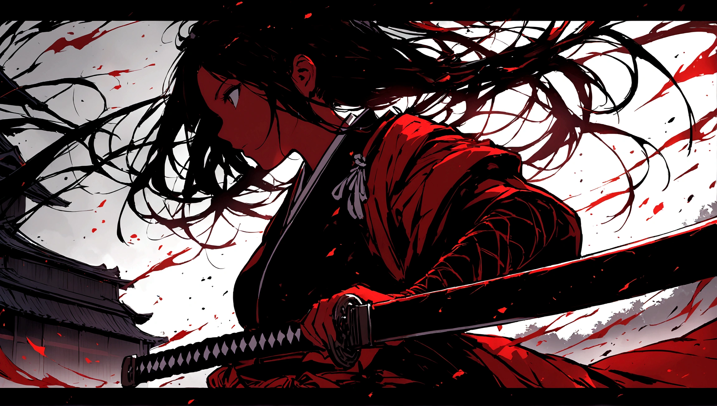 Japanese Samurai Girl, Has a beatiful sword. Wallpaper is black. Very good and handing her sword. Mostly Red and Black color theme.