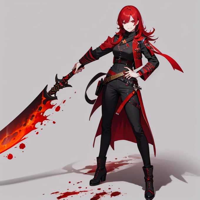 Red hair,Red Eye,juvenile,Black clothes,Bloody Sword,Creepy Smile,universe,Colorful background,red effect