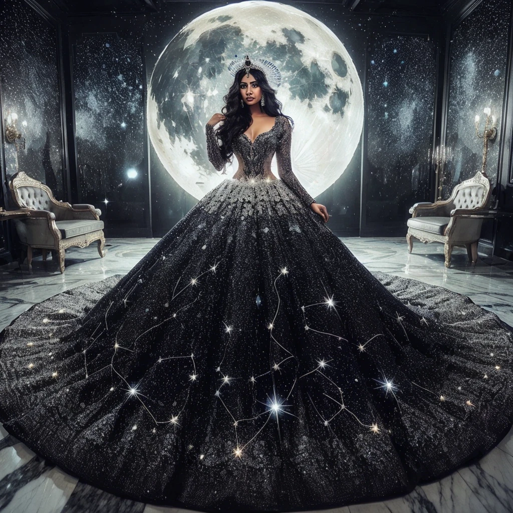 gorgeous (((indian woman))) wearing stunning breathtaking big long black ballgown with white sparkles and constellations mimicking a starry night, encapsulating lady of the night realness with a moon goddess headpiece, starry night background