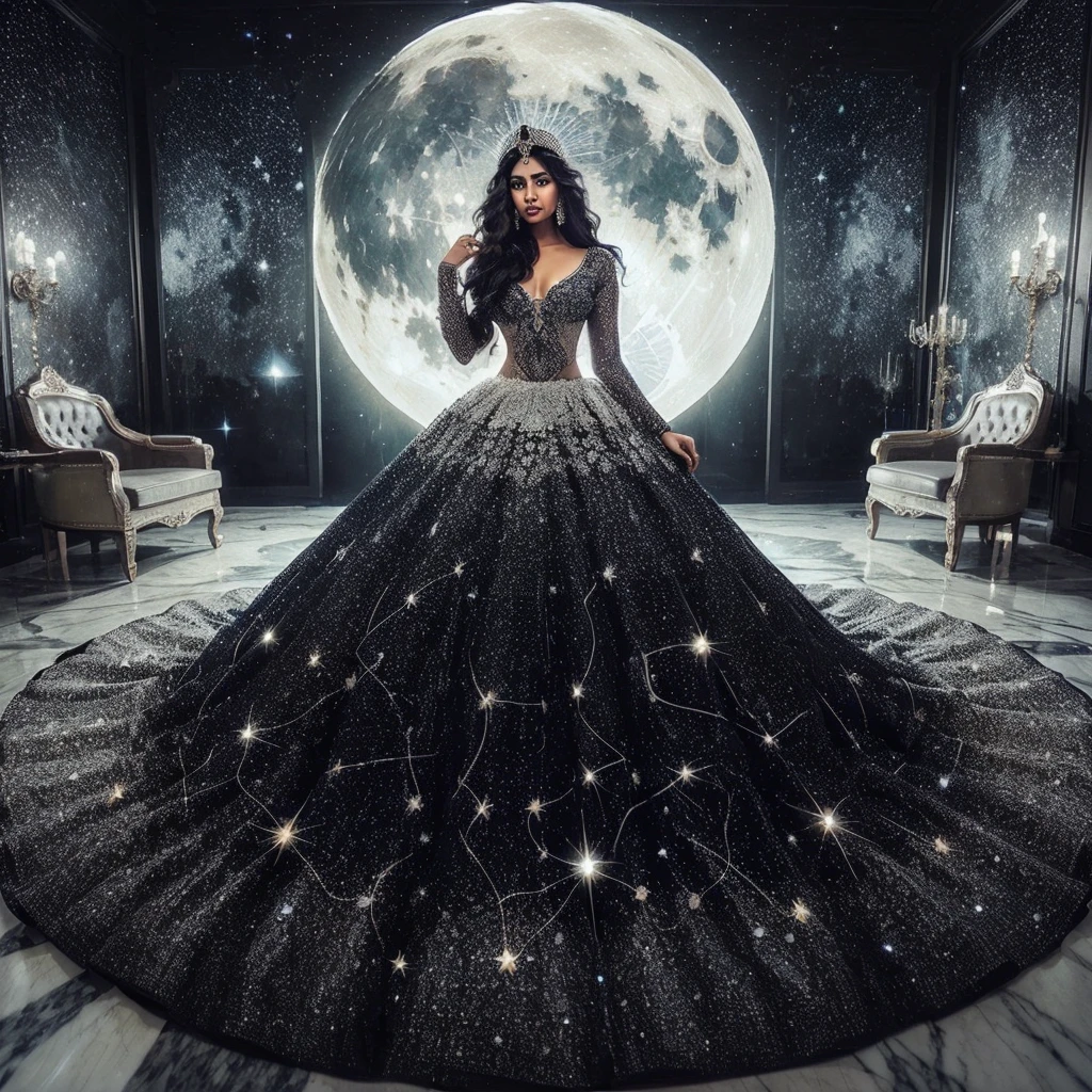 gorgeous (((indian woman))) wearing stunning breathtaking big long black ballgown with white sparkles and constellations mimicking a starry night, encapsulating lady of the night realness with a moon goddess headpiece, starry night background