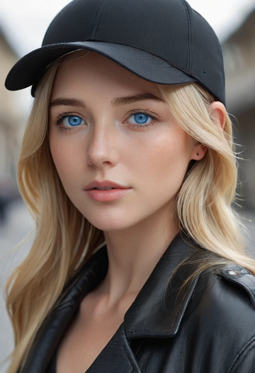 Blonde woman with blue eyes, wearing a black cap on his head (blunt cap image, full picture) and a black jacket, portrait ultra detailed, perfect face detailed, Focus on her face, very high quality face, face detailed, soft portrait photographed in 8k, Extremely beautiful face, detailed perfect face, real face detailed, perfectly lit face, close up face, ultra face detailed, close-up face and cap on head detailed
