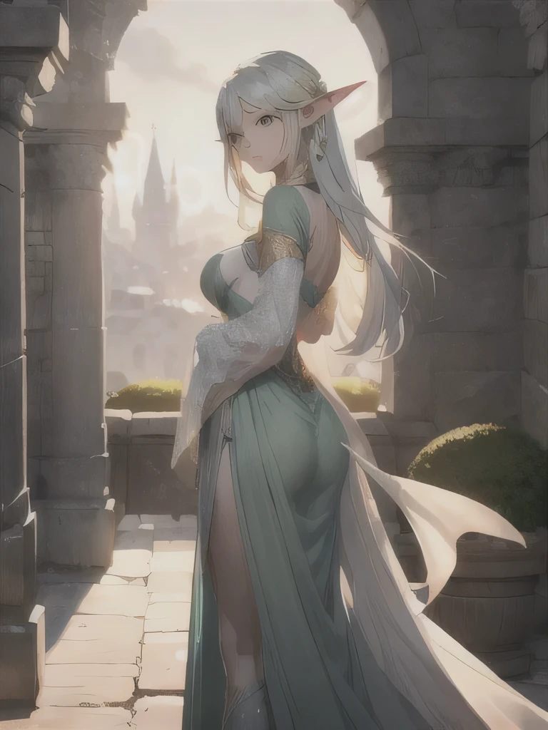 With an otherworldly cityscape as the backdrop、A composition featuring a beautiful elven woman。The elven woman is positioned on the right side of the image.、Emphasize that the main focus is on the beautiful scenery。The townscape features medieval buildings and cobblestone streets.、Lush green nature in harmony。Elven women have long silver hair、Wearing a light green robe、It exudes an elegant and mysterious atmosphere.。The background has a perfect atmosphere for Celtic music.、There are ancient stone monuments and arches、Warm, soft light shines in。The elven woman stood gazing into the distance.、Create a beautiful composition that harmonizes with the landscape。The color palette is natural green、Grey of old stone、And the soft sunset orange is the base color.。