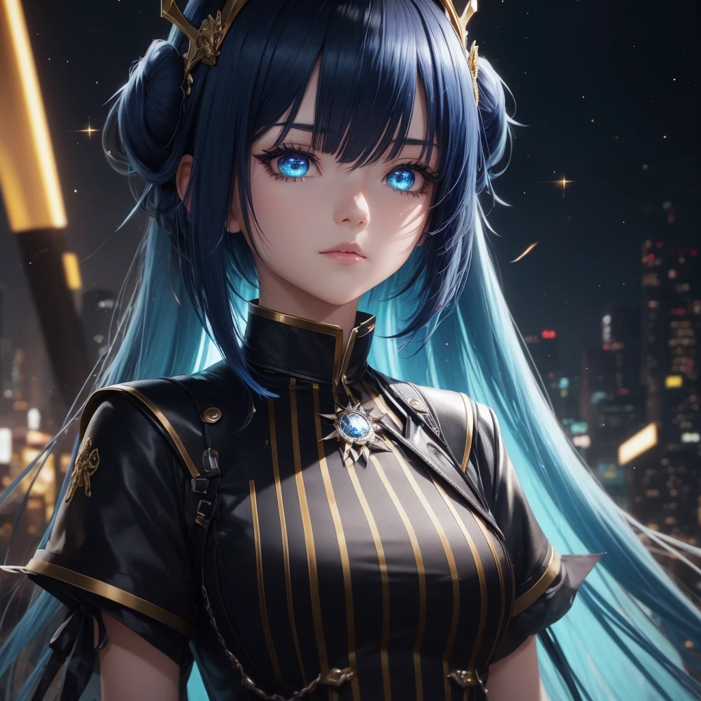 A bright environment with a dark city and as if it were a landscape 8k and a girl looking straight ahead with a flashy outfit 8k and a shiny crown 8k on top of her head and she is an anime character 8k and she has a slightly serious look 8k and that she is an adult 8k and the crown that is big 8k and her face like an anime with glitter 8k and her black and blue hair and that it is a little short 8k