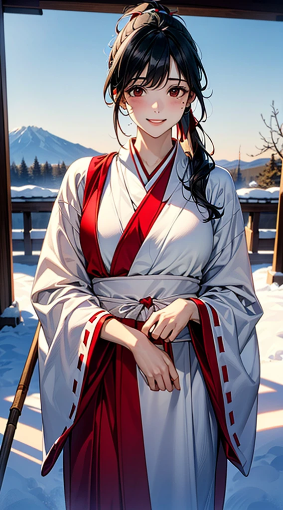 ((Perfect Anatomy, Anatomically correct, Very detailed肌)), 1 Girl, Japanese, 30 years old, Shiny skin, Large Breasts:0.5, Take in the view, ((Miko costume, Long sleeve, Red too, Hair Ribbon)), break, Beautiful Hair, Beautiful Face, Beautiful attention to detail, (Mid-length hair:1.2, ponytail:1.2), ((Black Hair)), Brown eyes, , Mole under the eye, break, (Cute Smile, Release your lips),Are standing, walking, Holding a broom, (Beautiful views), winter, dawn, (New Year, First visit), (shrine), crowd, snow, snowが降っている:1.5, Frozen Weather, Frost, (8K, Highest quality, Masterpiece​:1.2, Very detailed), (Realistic:1.2), sunlight, Beautiful art, Visual Arts, Depth of written boundary, Natural light,