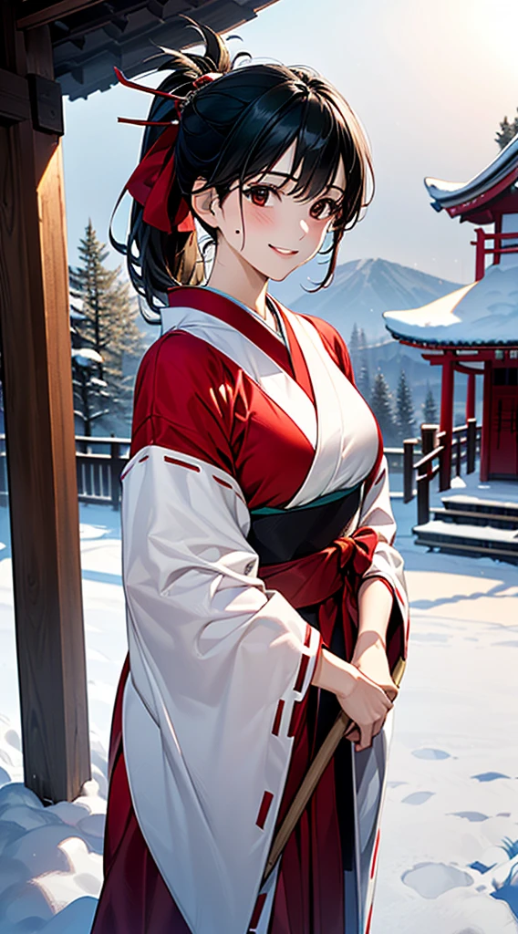((Perfect Anatomy, Anatomically correct, Very detailed肌)), 1 Girl, Japanese, 30 years old, Shiny skin, Large Breasts:0.5, Take in the view, ((Miko costume, Long sleeve, Red too, Hair Ribbon)), break, Beautiful Hair, Beautiful Face, Beautiful attention to detail, (Mid-length hair:1.2, ponytail:1.2), ((Black Hair)), Brown eyes, Baby Face, Mole under the eye, break, (Cute Smile, Release your lips),Are standing, walking, Holding a broom, (Beautiful views), winter, dawn, (New Year, First visit), (shrine), crowd, snow, snowが降っている:1.5, Frozen Weather, Frost, (8K, Highest quality, Masterpiece​:1.2, Very detailed), (Realistic:1.2), sunlight, Beautiful art, Visual Arts, Depth of written boundary, Natural light,